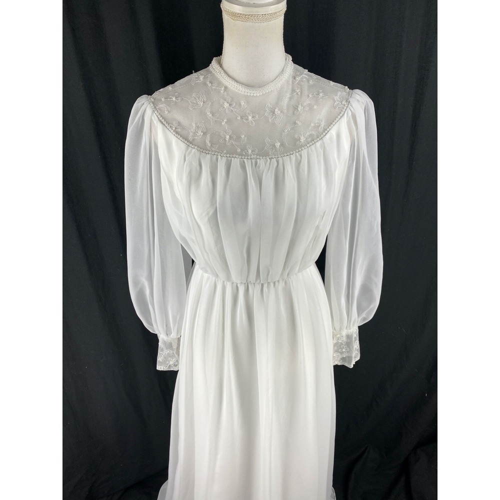 Alessandro Bridals Vtg 60s Union Wedding‎ Dress Beaded Lace Boho Hippie Chiffon - Picture 4 of 16